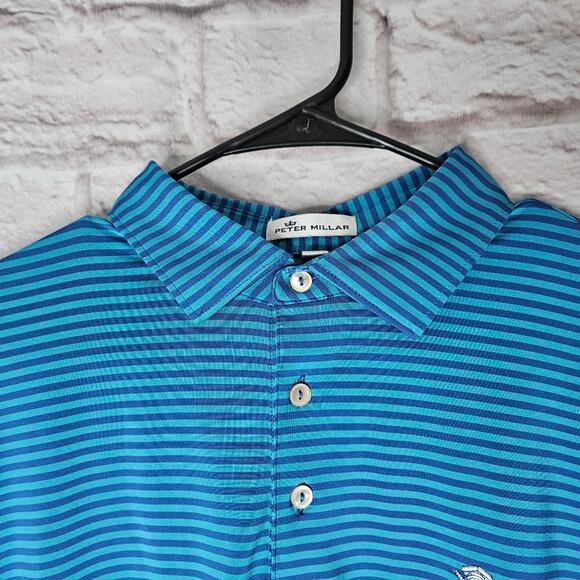 Men's Peter Millar Size Large Short Sleeve Polo Shirt Striped Blue - Picture 3 of 7